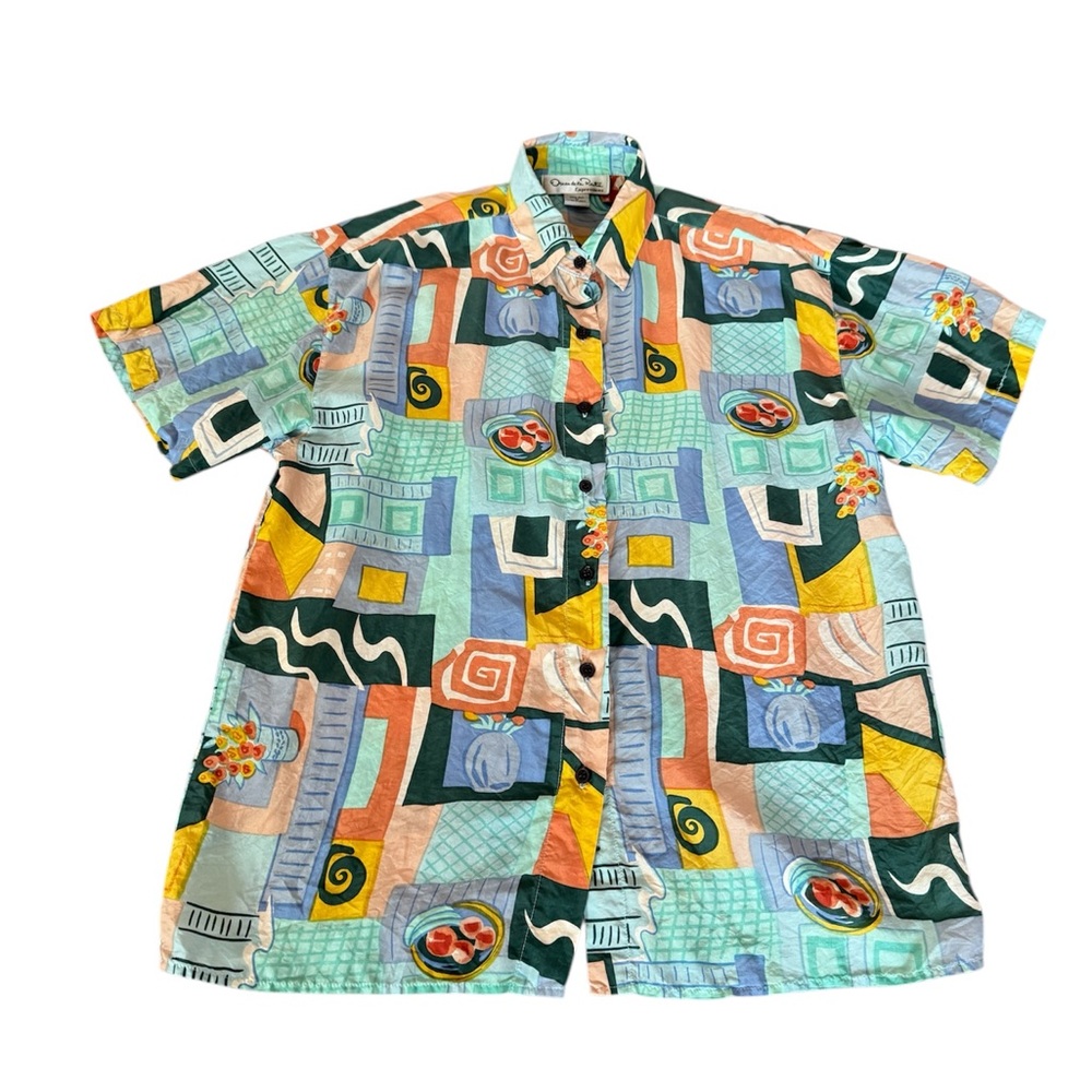 VTG Oscar De La Renta Women’s Geometric Button Down Blouse Women’s M Blue Silk